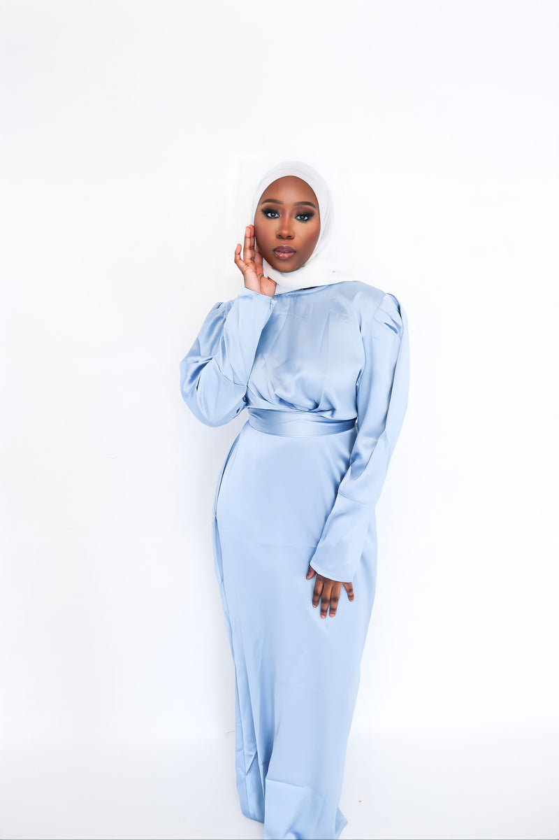 satin modest dresses Black Modest Long Satin Dress 43381S